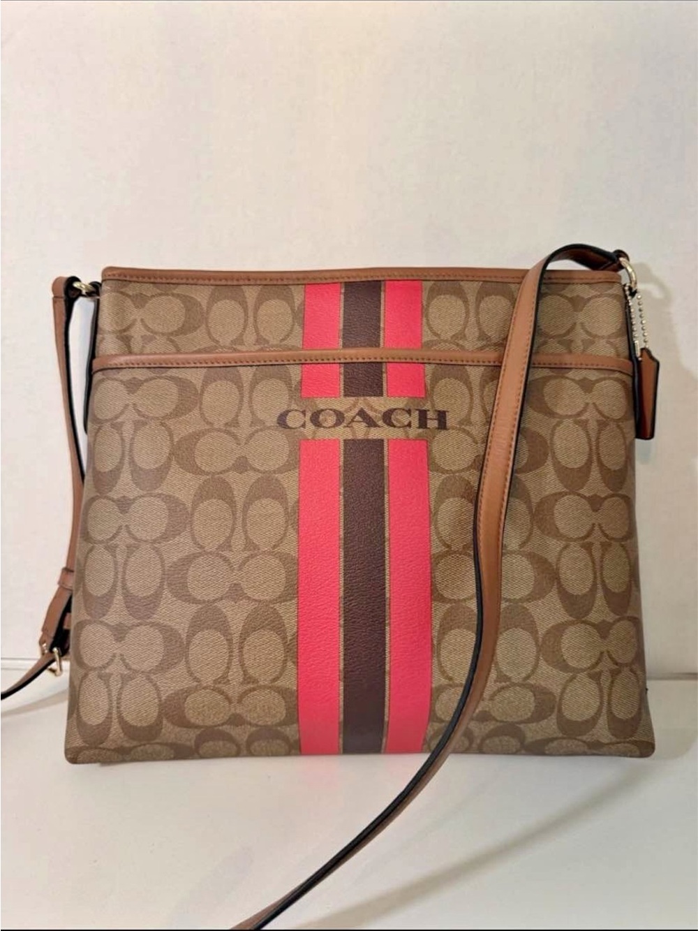 Coach Rowan Tan Signature Crossbody with Pink & Brown Center Stripe